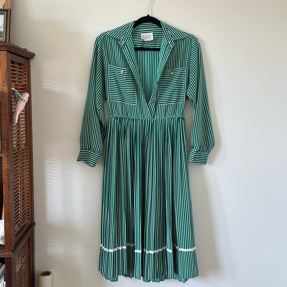 Vintage Green and White Striped Long Sleeve Dress